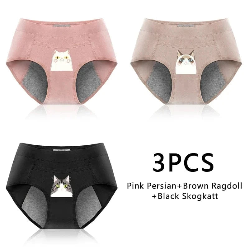 3PCS Cotton Menstrual Panties Leak Proof Breathable Cartoon cat Panties Woman Women Girls Physiological Pants Women's Intimates - A-1 Thread Vault