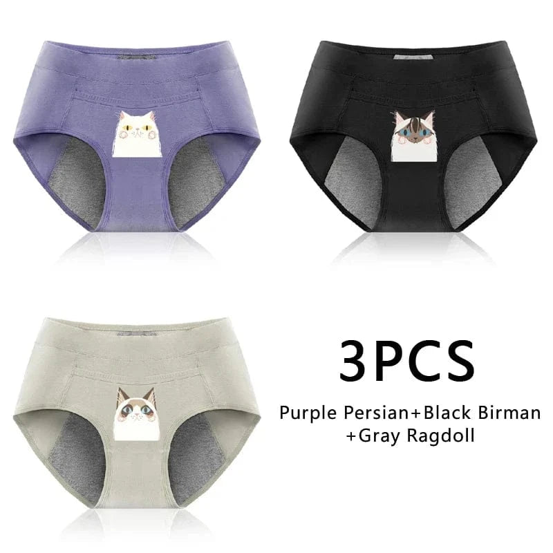 3PCS Cotton Menstrual Panties Leak Proof Breathable Cartoon cat Panties Woman Women Girls Physiological Pants Women's Intimates - A-1 Thread Vault