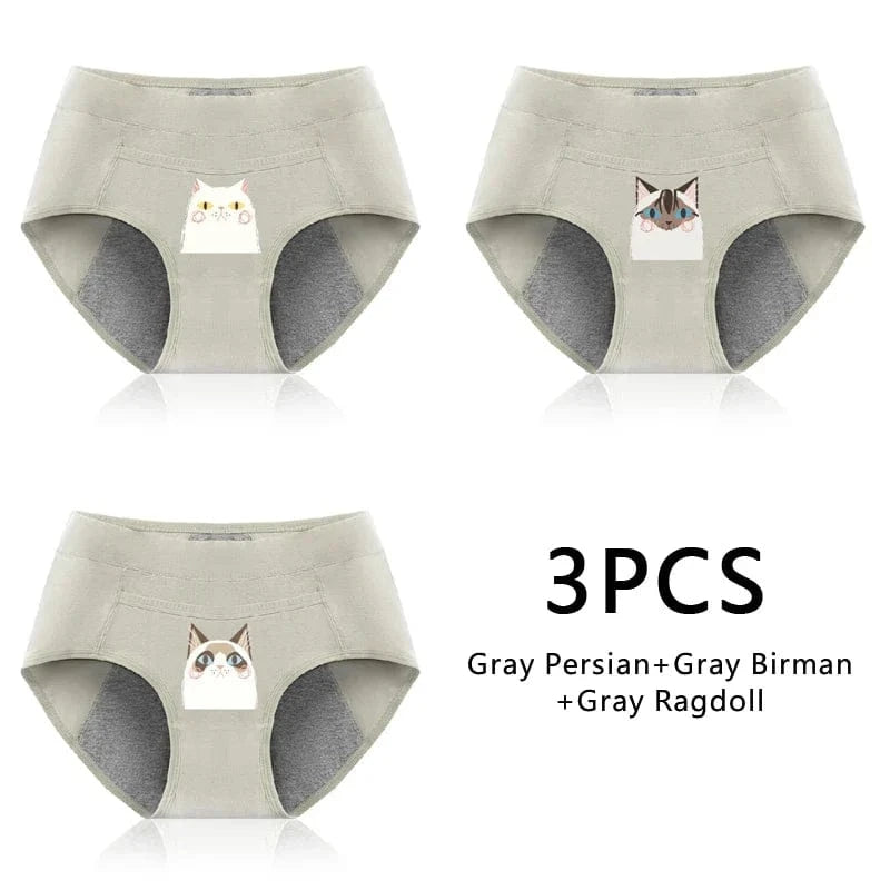 3PCS Cotton Menstrual Panties Leak Proof Breathable Cartoon cat Panties Woman Women Girls Physiological Pants Women's Intimates - A-1 Thread Vault