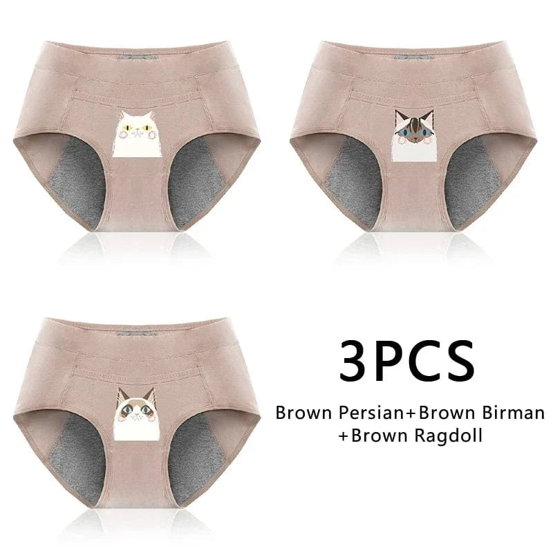 3PCS Cotton Menstrual Panties Leak Proof Breathable Cartoon cat Panties Woman Women Girls Physiological Pants Women's Intimates - A-1 Thread Vault