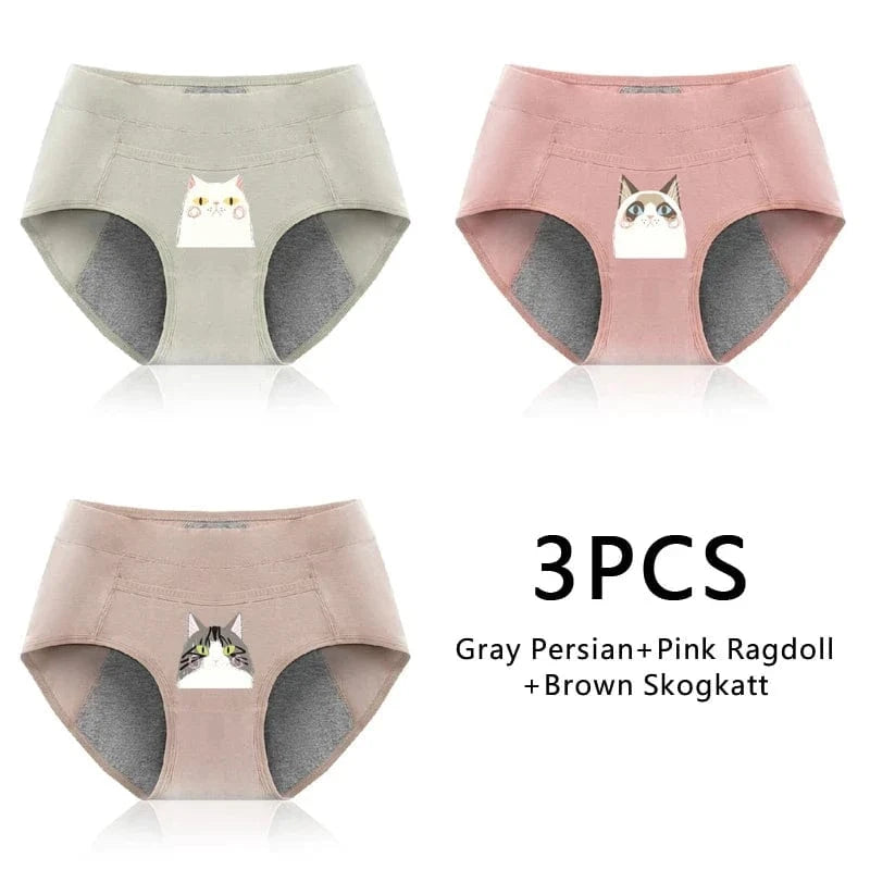 3PCS Cotton Menstrual Panties Leak Proof Breathable Cartoon cat Panties Woman Women Girls Physiological Pants Women's Intimates - A-1 Thread Vault