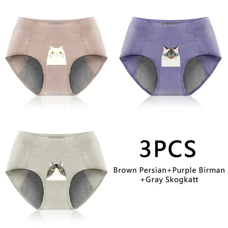 3PCS Cotton Menstrual Panties Leak Proof Breathable Cartoon cat Panties Woman Women Girls Physiological Pants Women's Intimates - A-1 Thread Vault