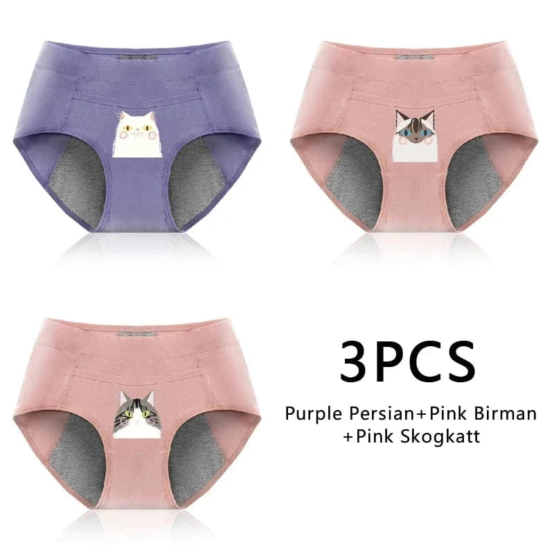 3PCS Cotton Menstrual Panties Leak Proof Breathable Cartoon cat Panties Woman Women Girls Physiological Pants Women's Intimates - A-1 Thread Vault