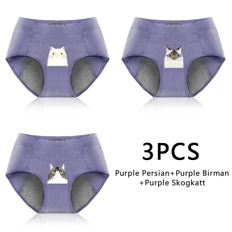 3PCS Cotton Menstrual Panties Leak Proof Breathable Cartoon cat Panties Woman Women Girls Physiological Pants Women's Intimates - A-1 Thread Vault