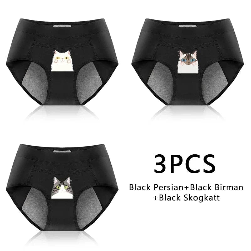 3PCS Cotton Menstrual Panties Leak Proof Breathable Cartoon cat Panties Woman Women Girls Physiological Pants Women's Intimates - A-1 Thread Vault