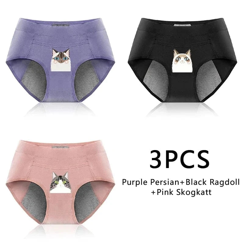 3PCS Cotton Menstrual Panties Leak Proof Breathable Cartoon cat Panties Woman Women Girls Physiological Pants Women's Intimates - A-1 Thread Vault