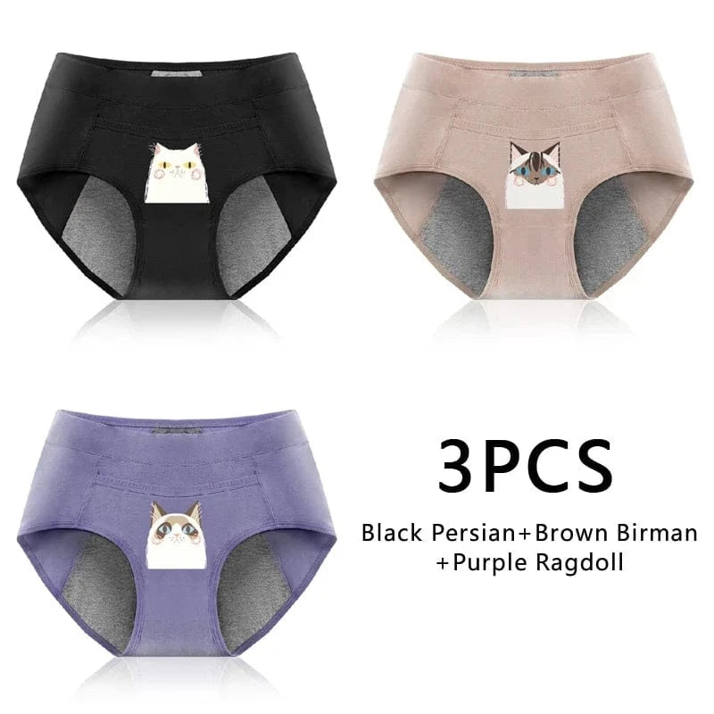 3PCS Cotton Menstrual Panties Leak Proof Breathable Cartoon cat Panties Woman Women Girls Physiological Pants Women's Intimates - A-1 Thread Vault
