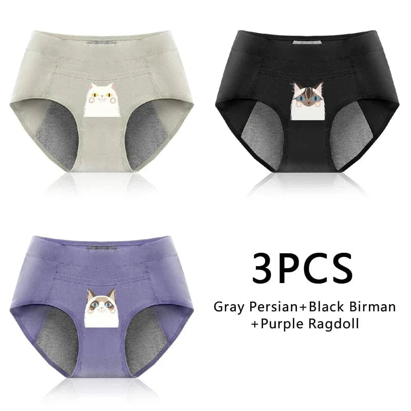 3PCS Cotton Menstrual Panties Leak Proof Breathable Cartoon cat Panties Woman Women Girls Physiological Pants Women's Intimates - A-1 Thread Vault