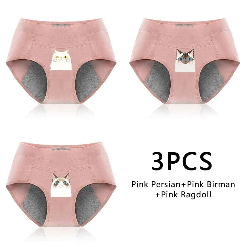 3PCS Cotton Menstrual Panties Leak Proof Breathable Cartoon cat Panties Woman Women Girls Physiological Pants Women's Intimates - A-1 Thread Vault