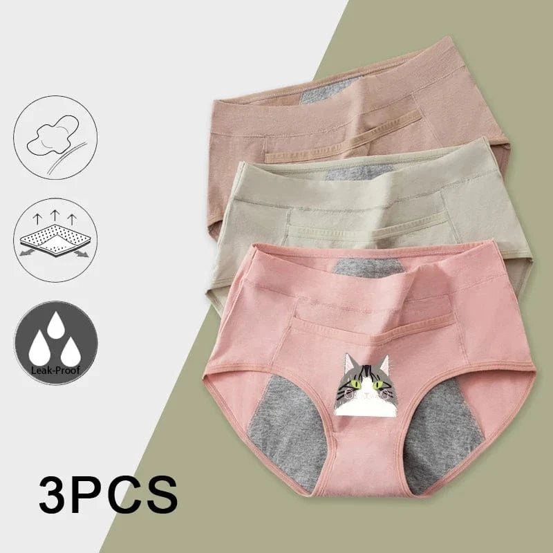 3PCS Cotton Menstrual Panties Leak Proof Breathable Cartoon cat Panties Woman Women Girls Physiological Pants Women's Intimates - A-1 Thread Vault