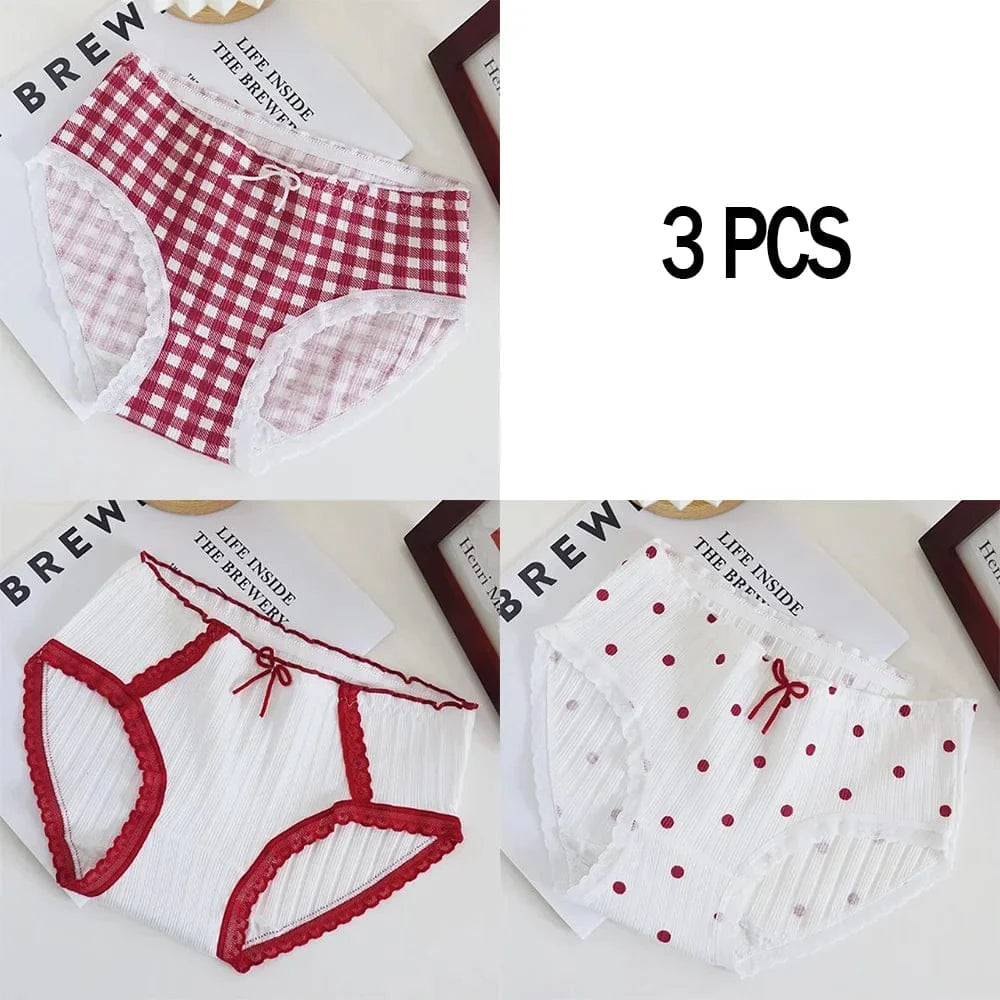 3pcs Cotton Women's Panties Sweet Cute Printed Student Mid-Waist Underwear Fashionable Breathable Girls Daily Briefs - A-1 Thread Vault