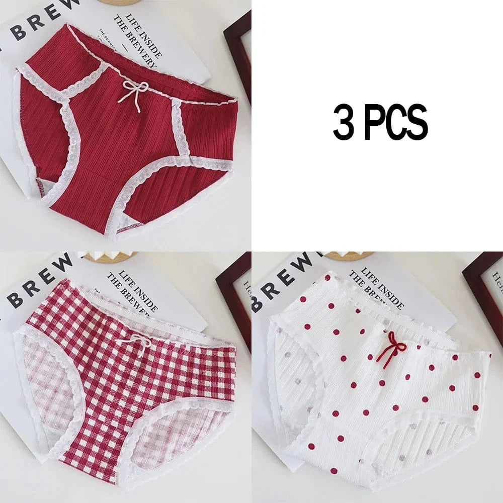 3pcs Cotton Women's Panties Sweet Cute Printed Student Mid-Waist Underwear Fashionable Breathable Girls Daily Briefs - A-1 Thread Vault