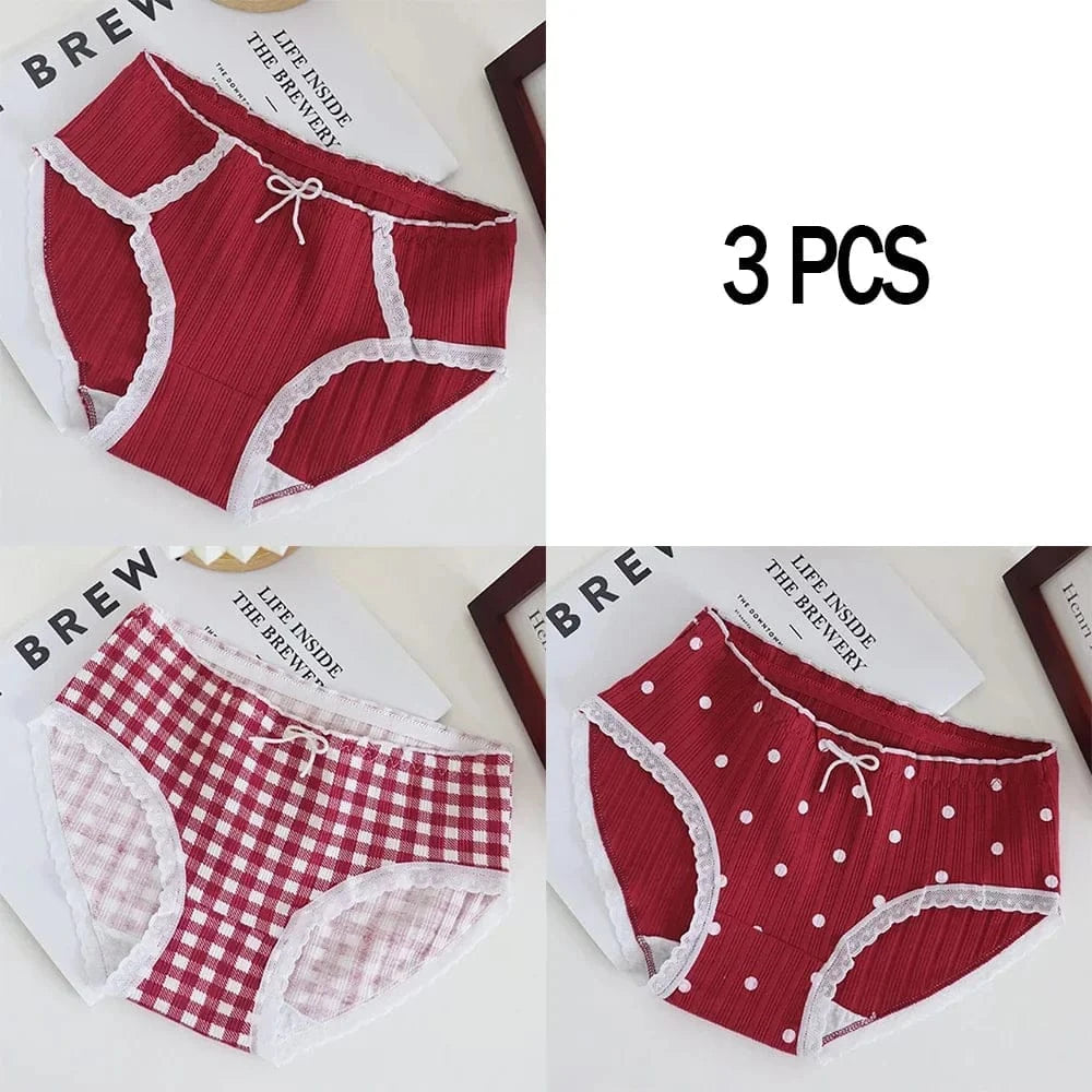3pcs Cotton Women's Panties Sweet Cute Printed Student Mid-Waist Underwear Fashionable Breathable Girls Daily Briefs - A-1 Thread Vault