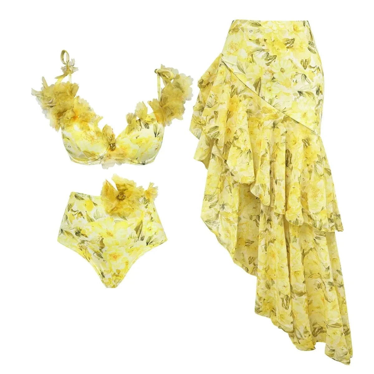 3Pcs Flower Bikinis Sexy Swimsuit Women Swimwear Push Up Bikini Set High Waist Biquini Female Long Skirt Bathing Suit Beachwear - A-1 Thread Vault