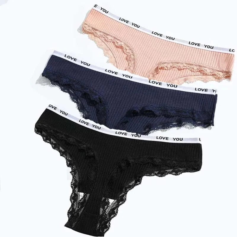 Three pairs of ribbed thong panties in peach, navy blue, and black, each featuring a white elastic waistband printed with the text LOVE YOU and delicate lace trim along the edges.