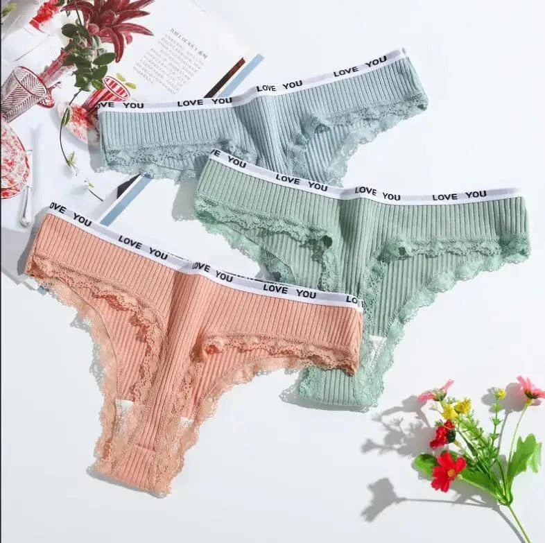 3Pcs/Lot Lace Thong Women's Tanga Low Waist Sexy Lingeries Cotton Panties Laides T Back Pants Girls Underwear Female Underpants - A-1 Thread Vault