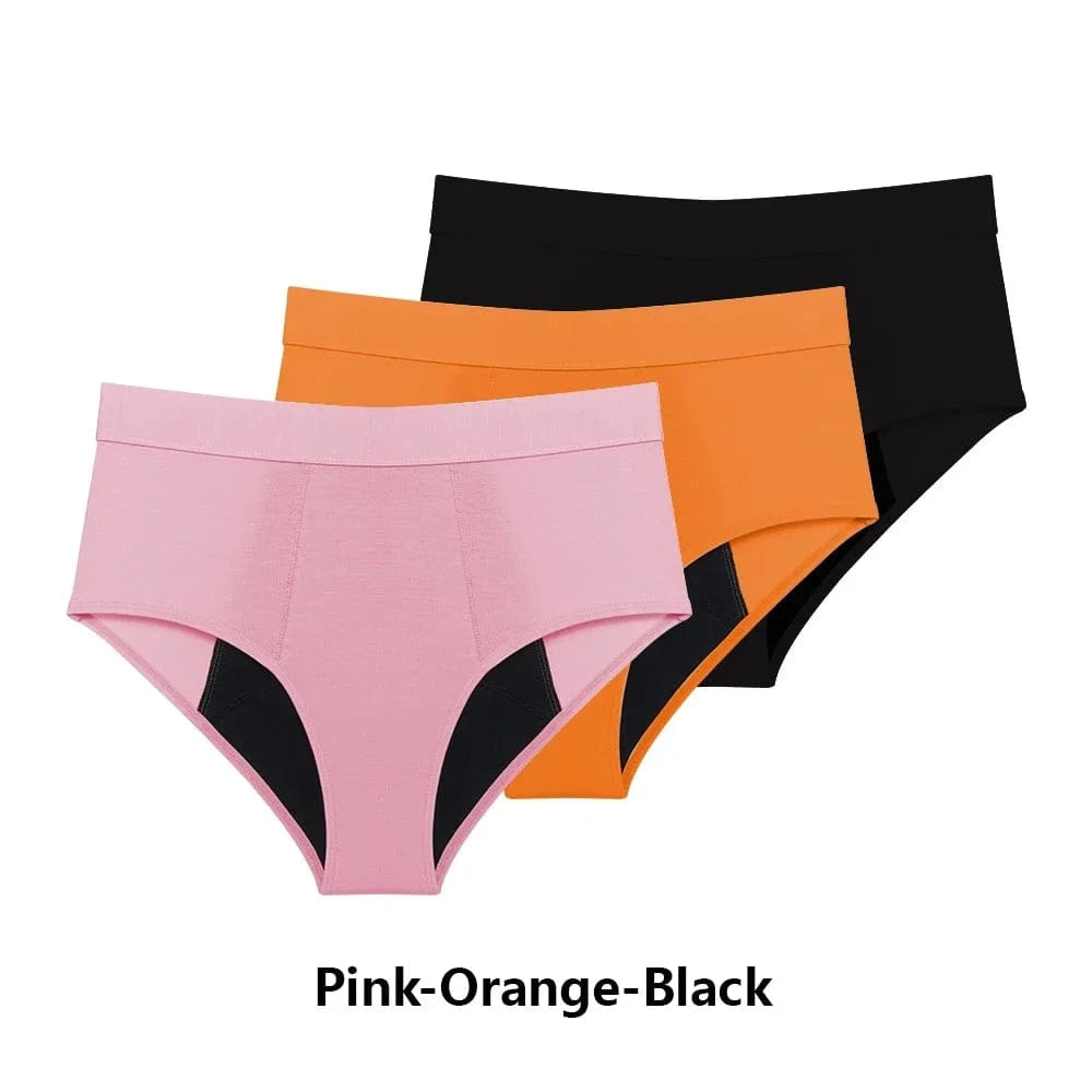 Three pairs of high-waisted period underwear are stacked diagonally, featuring a pink pair in the front, followed by an orange pair, and a black pair at the back, all with black absorbent gussets.