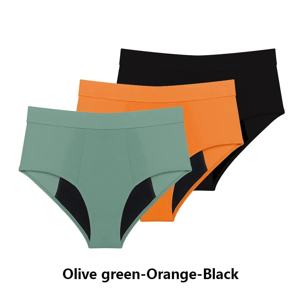 Three pairs of high-waisted period underwear are shown layered, featuring olive green, orange, and black fabric colors with contrasting black gussets.