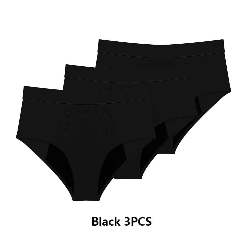 Three pairs of plain black high-waisted briefs stacked diagonally against a white background.