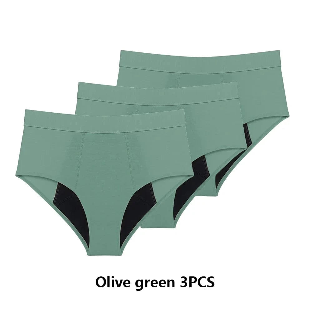 Three pairs of olive green high-waisted period underwear with black absorbent gussets layered against a white background.