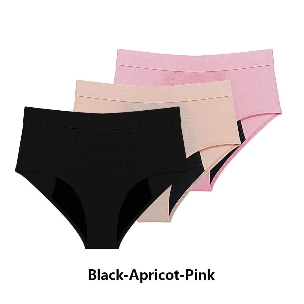 A stack of three high-waisted briefs in black, apricot, and pink, layered one in front of the other against a white background.