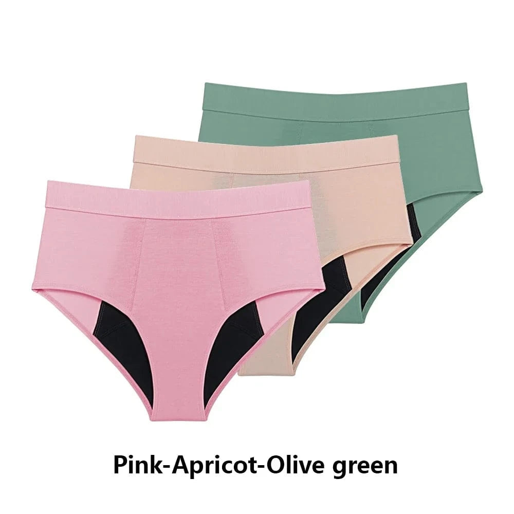 Three pairs of high-waisted period underwear stacked diagonally in pink, apricot, and olive green, each featuring a black absorbent gusset.
