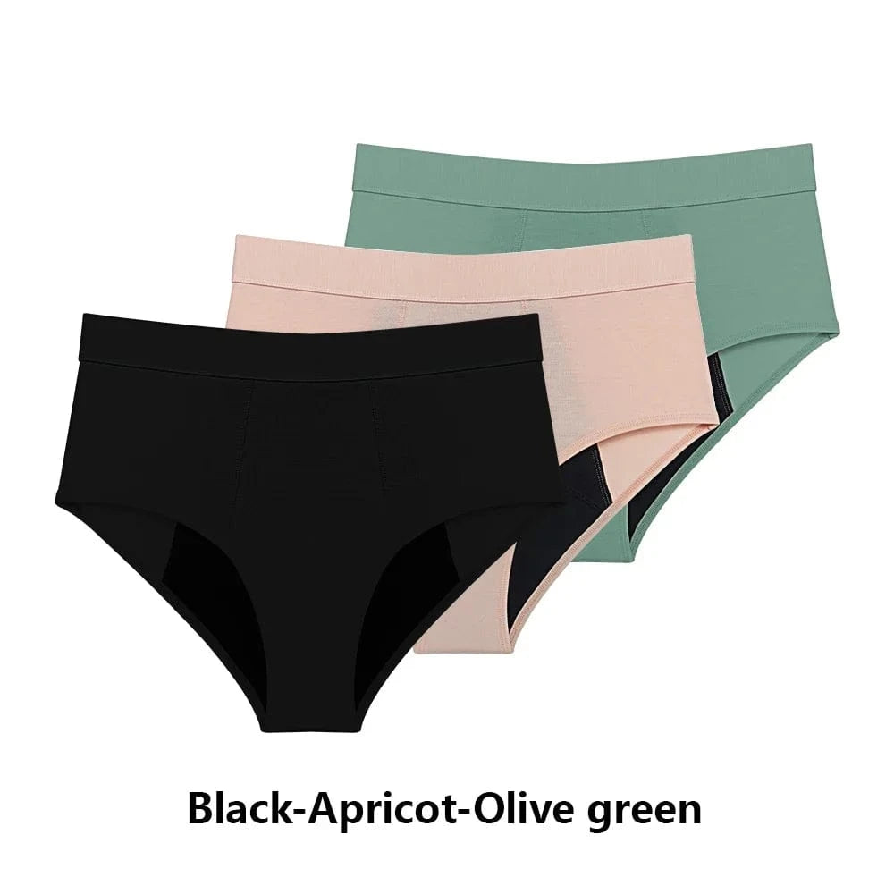 Three pairs of high-waisted briefs in black, apricot, and olive green are stacked and layered against a white background.