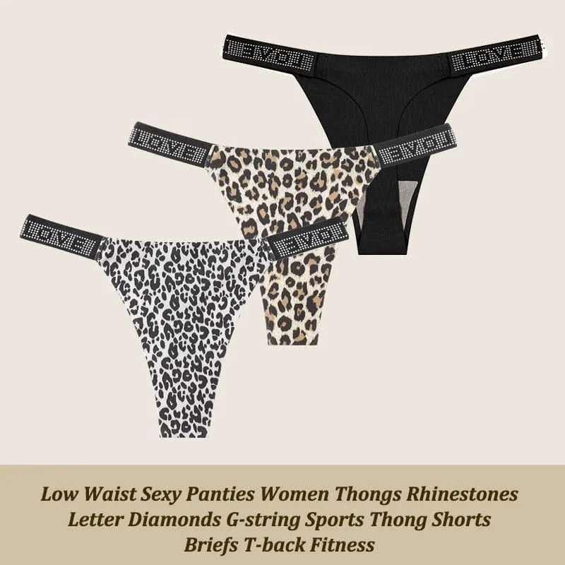 3Pcs/Set Low Waist Sexy Panties Women Thongs Rhinestones Letter Diamonds G-string Sports Thong Shorts Briefs T-back Size XS-XL - A-1 Thread Vault