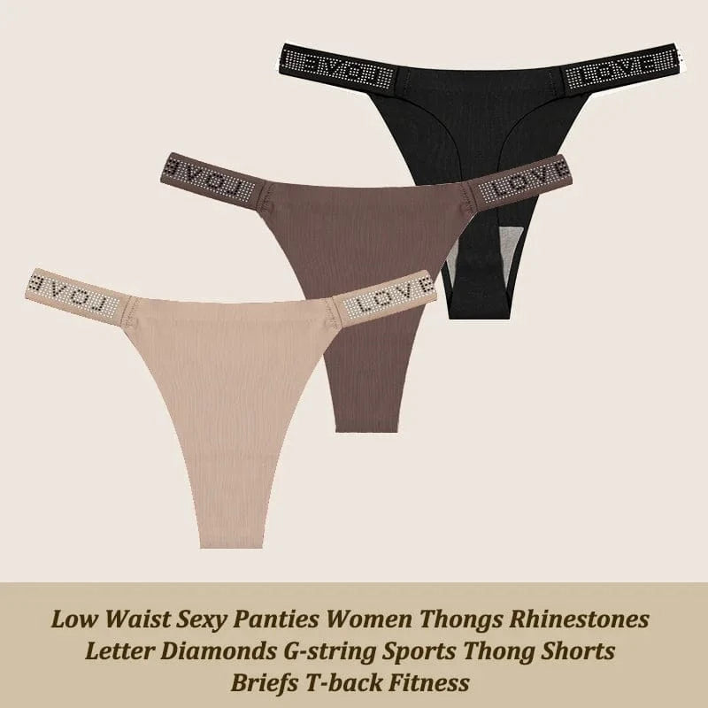 3Pcs/Set Low Waist Sexy Panties Women Thongs Rhinestones Letter Diamonds G-string Sports Thong Shorts Briefs T-back Size XS-XL - A-1 Thread Vault