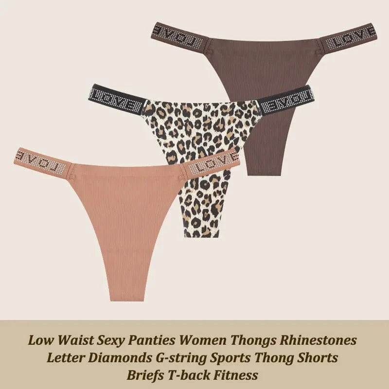 3Pcs/Set Low Waist Sexy Panties Women Thongs Rhinestones Letter Diamonds G-string Sports Thong Shorts Briefs T-back Size XS-XL - A-1 Thread Vault