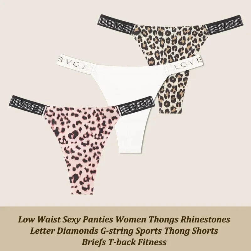 3Pcs/Set Low Waist Sexy Panties Women Thongs Rhinestones Letter Diamonds G-string Sports Thong Shorts Briefs T-back Size XS-XL - A-1 Thread Vault