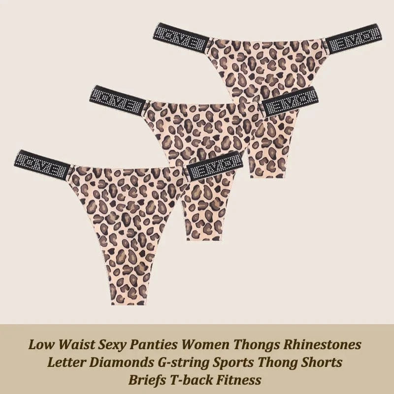 3Pcs/Set Low Waist Sexy Panties Women Thongs Rhinestones Letter Diamonds G-string Sports Thong Shorts Briefs T-back Size XS-XL - A-1 Thread Vault