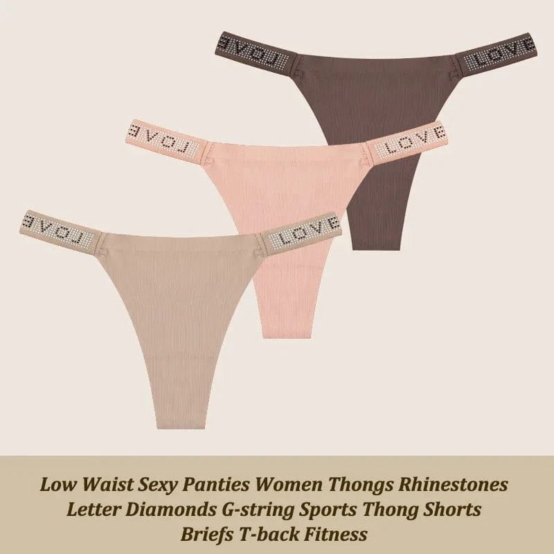 3Pcs/Set Low Waist Sexy Panties Women Thongs Rhinestones Letter Diamonds G-string Sports Thong Shorts Briefs T-back Size XS-XL - A-1 Thread Vault