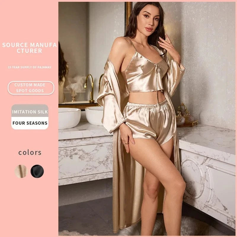 3PCS Sexy Women Pajamas Ladies Nightgowns Satin Robes Nightdress Sling and Short Women Robe - A-1 Thread Vault