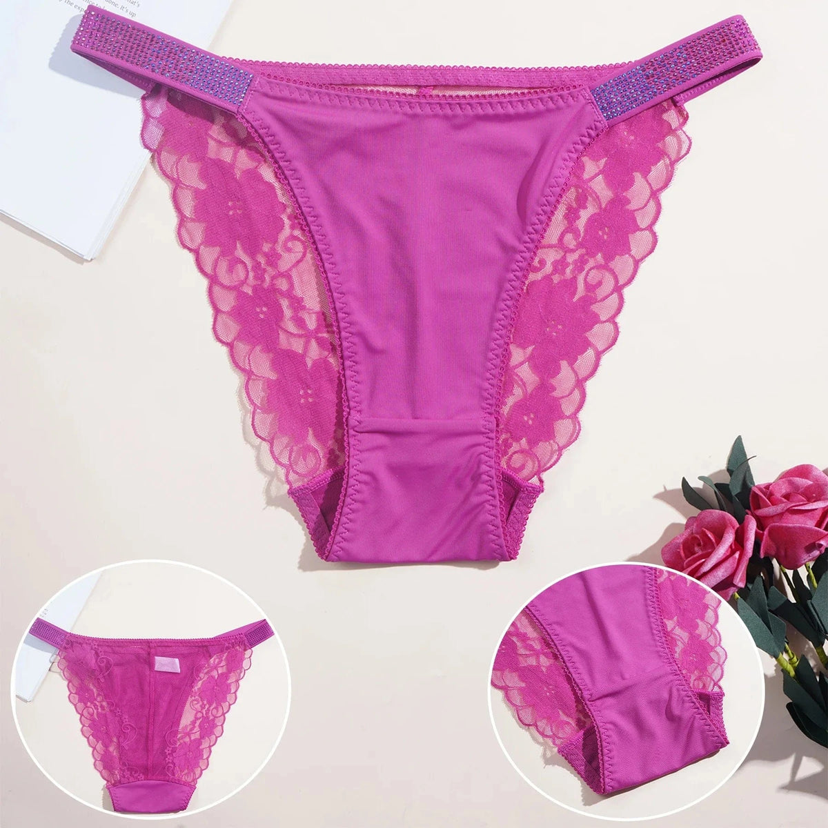 3PCS Sexy Women's Underwear Semi-transparent Hollow Out Lace Floral Panties Two Shiny Belts Underpants Female Briefs Lingerie - A-1 Thread Vault