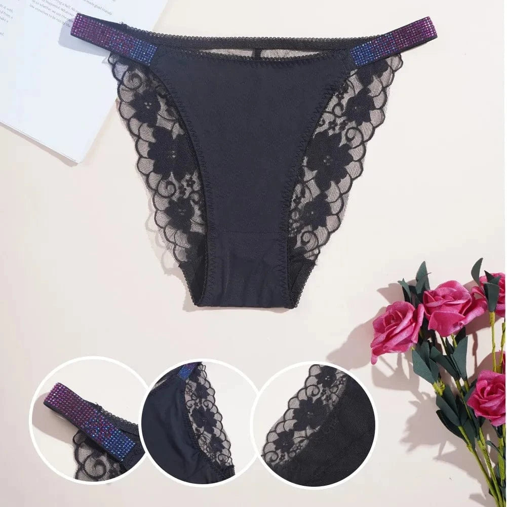 3PCS Sexy Women's Underwear Semi-transparent Hollow Out Lace Floral Panties Two Shiny Belts Underpants Female Briefs Lingerie - A-1 Thread Vault