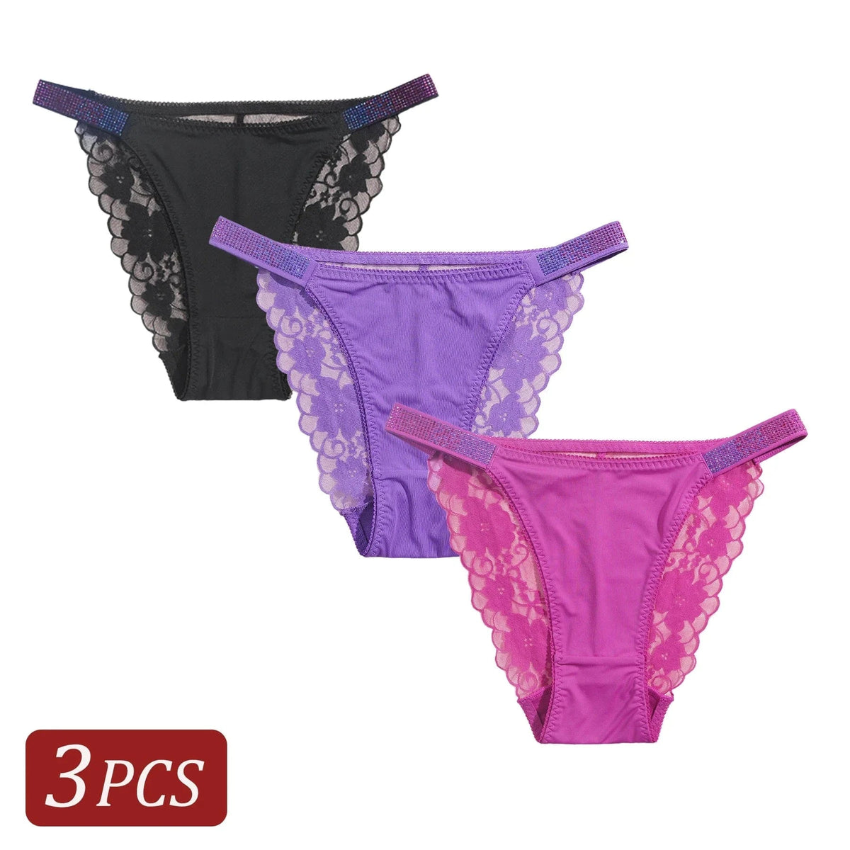 3PCS Sexy Women's Underwear Semi-transparent Hollow Out Lace Floral Panties Two Shiny Belts Underpants Female Briefs Lingerie - A-1 Thread Vault