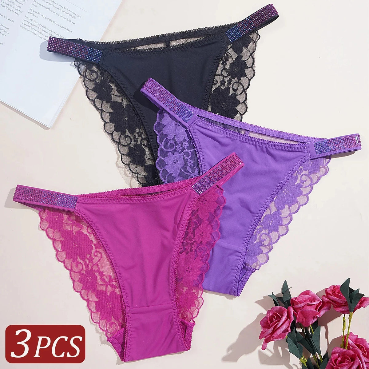 3PCS Sexy Women's Underwear Semi-transparent Hollow Out Lace Floral Panties Two Shiny Belts Underpants Female Briefs Lingerie - A-1 Thread Vault