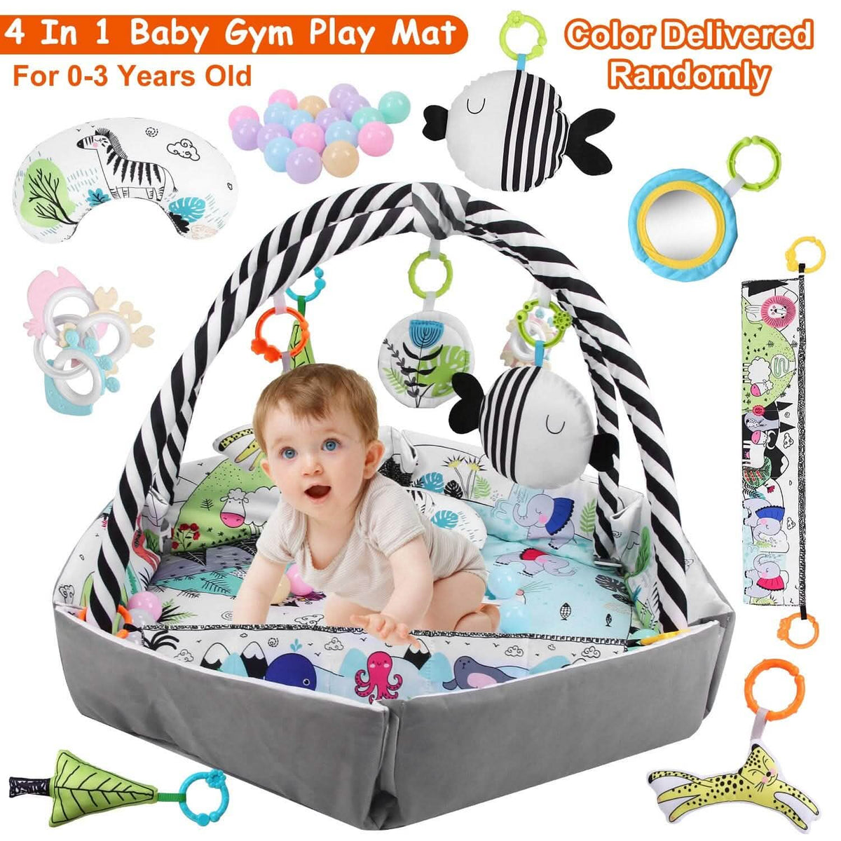 4-in-1 Baby Gym Play Mat Ball Pit with Pillow 18 Balls 9 Toys for 0-3 Years Old - A-1 Thread Vault