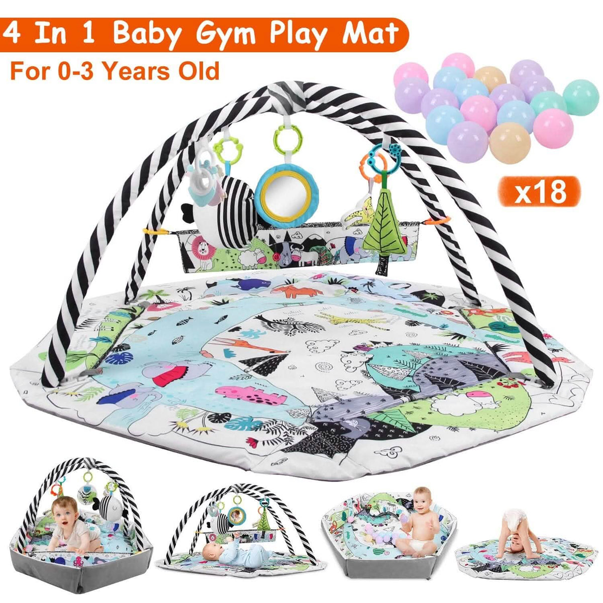 4-in-1 Baby Gym Play Mat Ball Pit with Pillow 18 Balls 9 Toys for 0-3 Years Old - A-1 Thread Vault