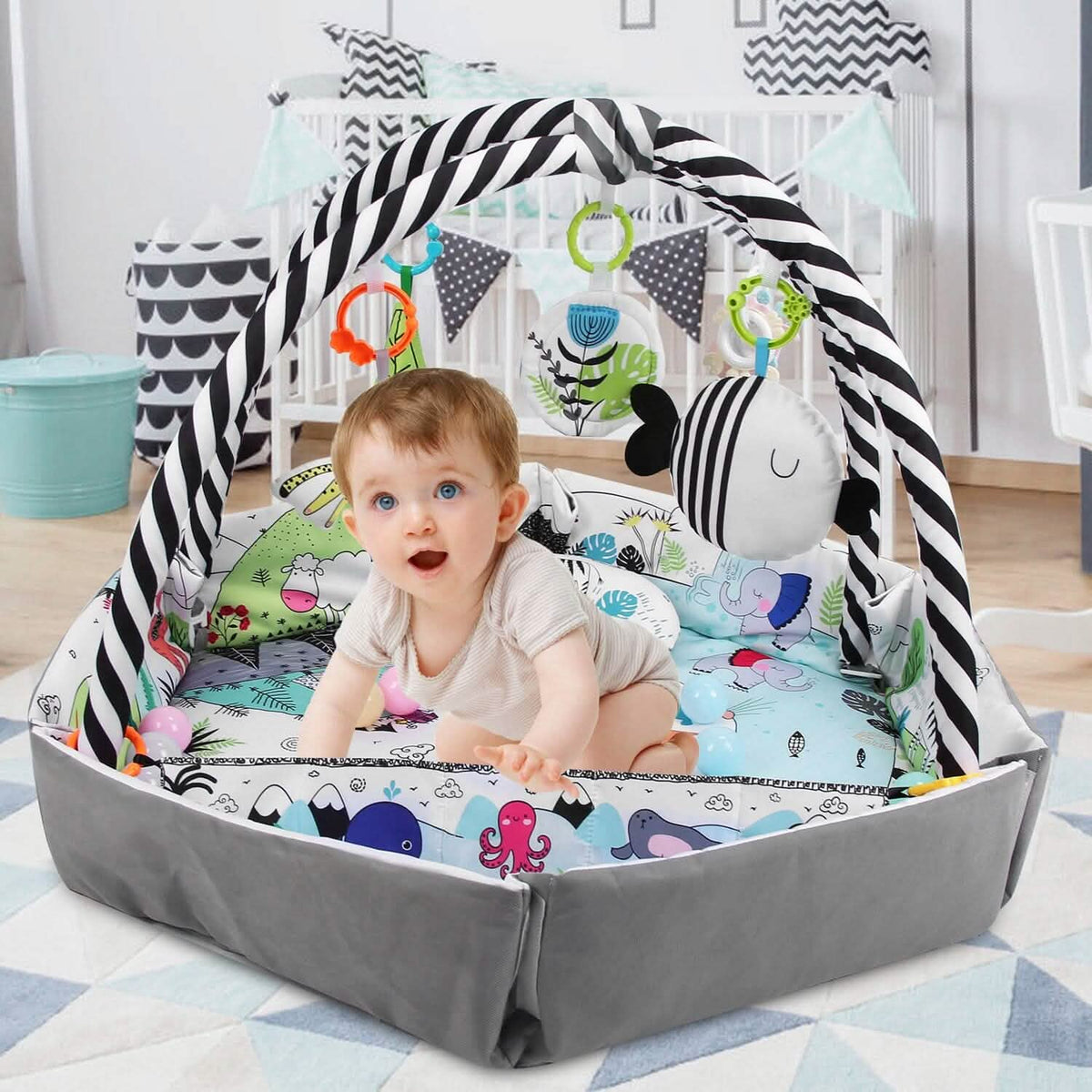 4-in-1 Baby Gym Play Mat Ball Pit with Pillow 18 Balls 9 Toys for 0-3 Years Old - A-1 Thread Vault
