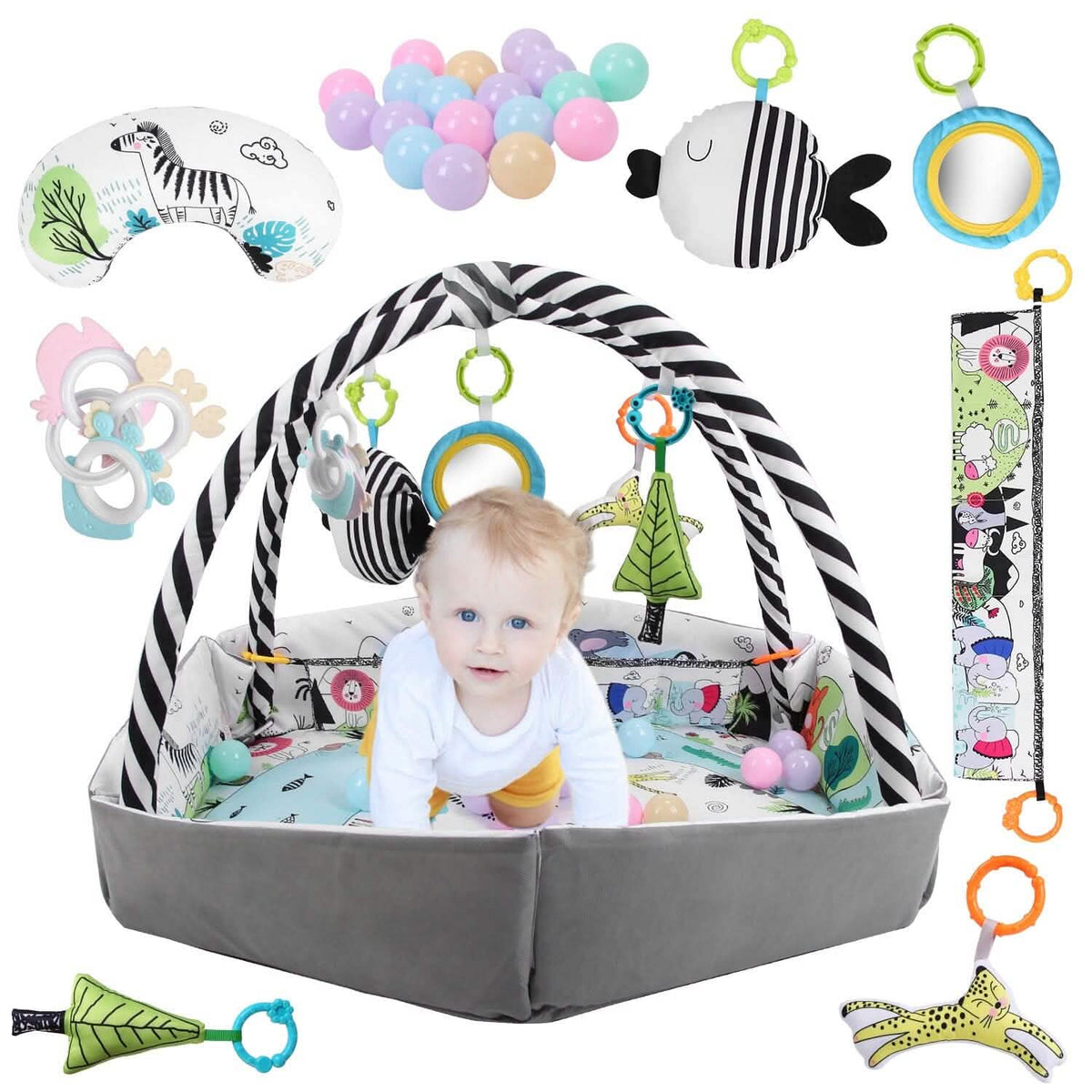 4-in-1 Baby Gym Play Mat Ball Pit with Pillow 18 Balls 9 Toys for 0-3 Years Old - A-1 Thread Vault