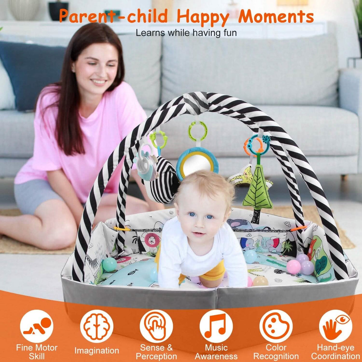 4-in-1 Baby Gym Play Mat Ball Pit with Pillow 18 Balls 9 Toys for 0-3 Years Old - A-1 Thread Vault