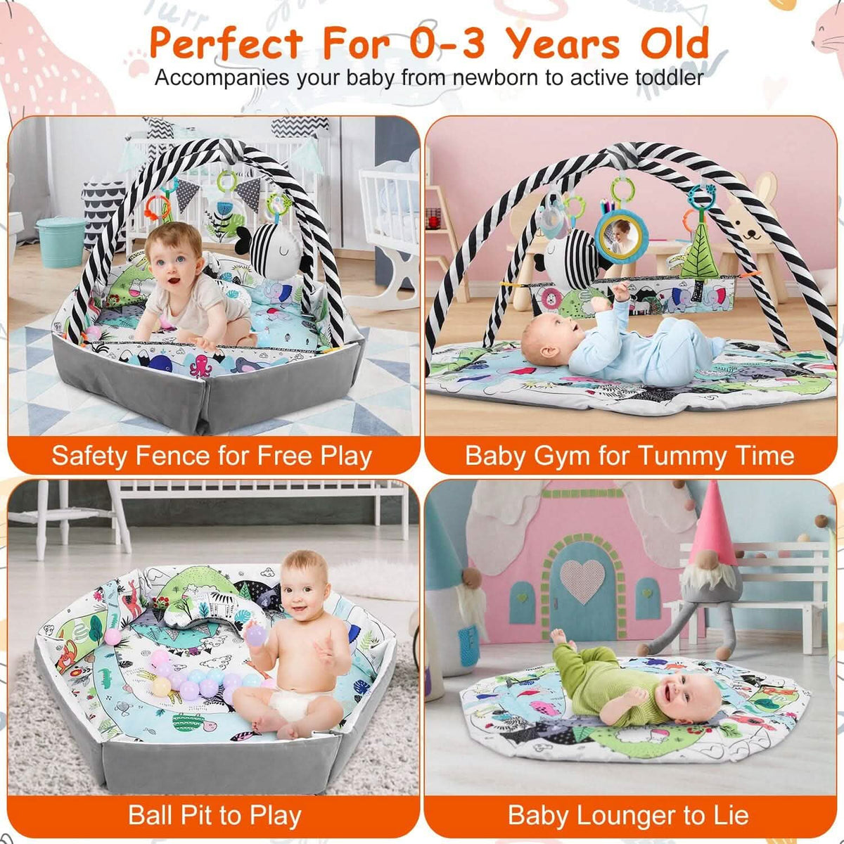 4-in-1 Baby Gym Play Mat Ball Pit with Pillow 18 Balls 9 Toys for 0-3 Years Old - A-1 Thread Vault
