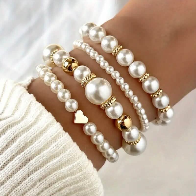 4-Pieces: Elegant White Faux Pearls Beaded Handmade Hand String Jewelry Set - A-1 Thread Vault