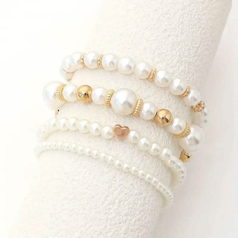 4-Pieces: Elegant White Faux Pearls Beaded Handmade Hand String Jewelry Set - A-1 Thread Vault