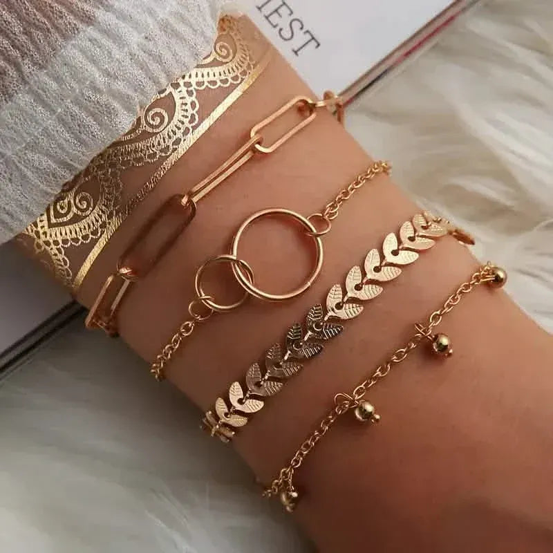 4-Pieces: Vintage Leaf Pendant Hand Chain Bracelet Set For Women - A-1 Thread Vault
