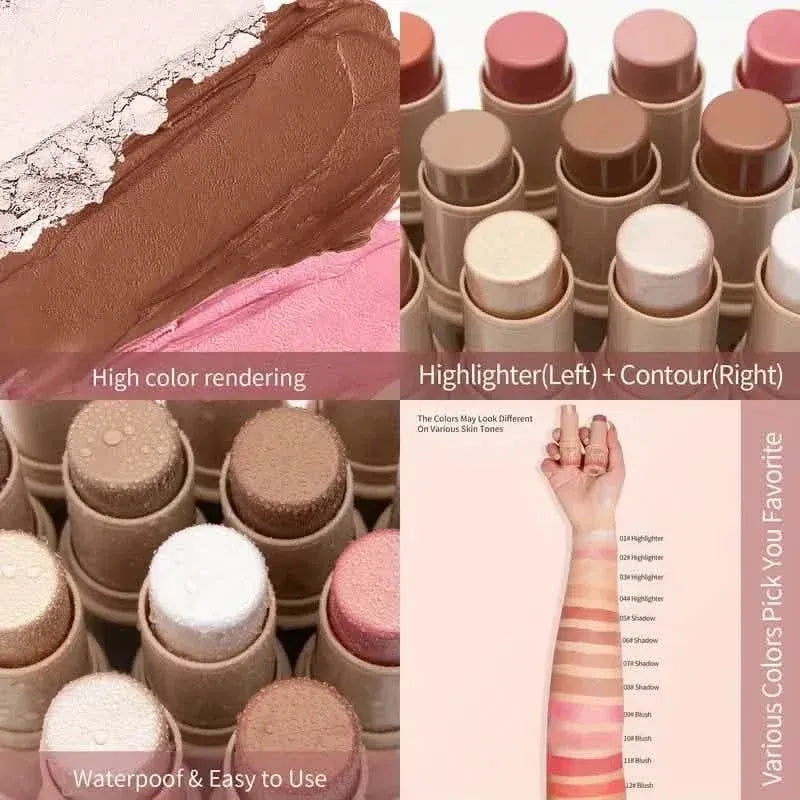 4-Pieces: Waterproof Cream Contour and Highlighter Kit with Brush - A-1 Thread Vault