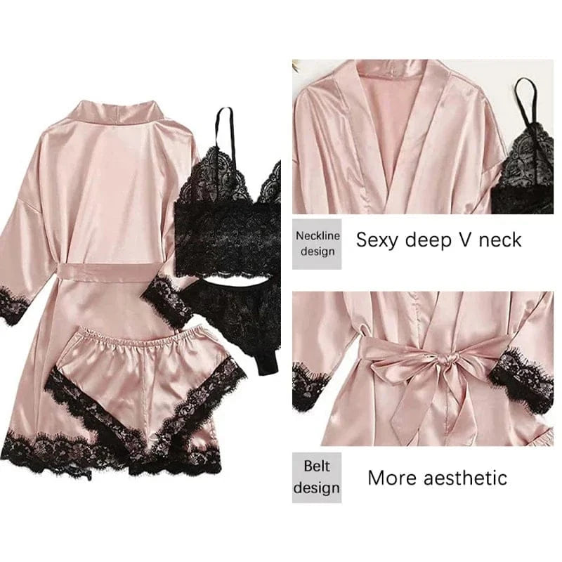 4 Pieces Woman Sleepwear Pajamas Ser With Robe Sexy Lace Lingerie Bathrobe Silk Satin Home Clothed Nightwear Robe - A-1 Thread Vault