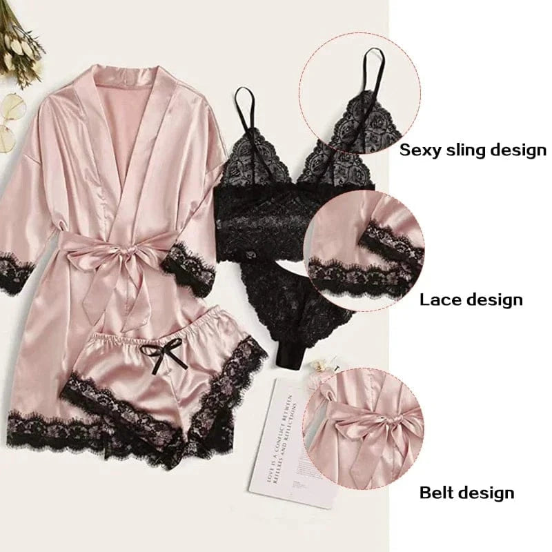 4 Pieces Woman Sleepwear Pajamas Ser With Robe Sexy Lace Lingerie Bathrobe Silk Satin Home Clothed Nightwear Robe - A-1 Thread Vault